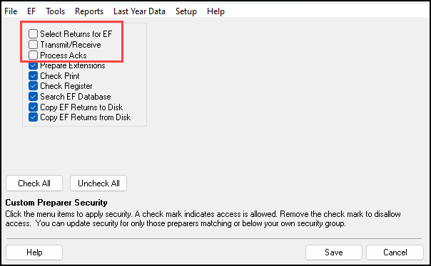 Image of Custom Preparer Security check boxes